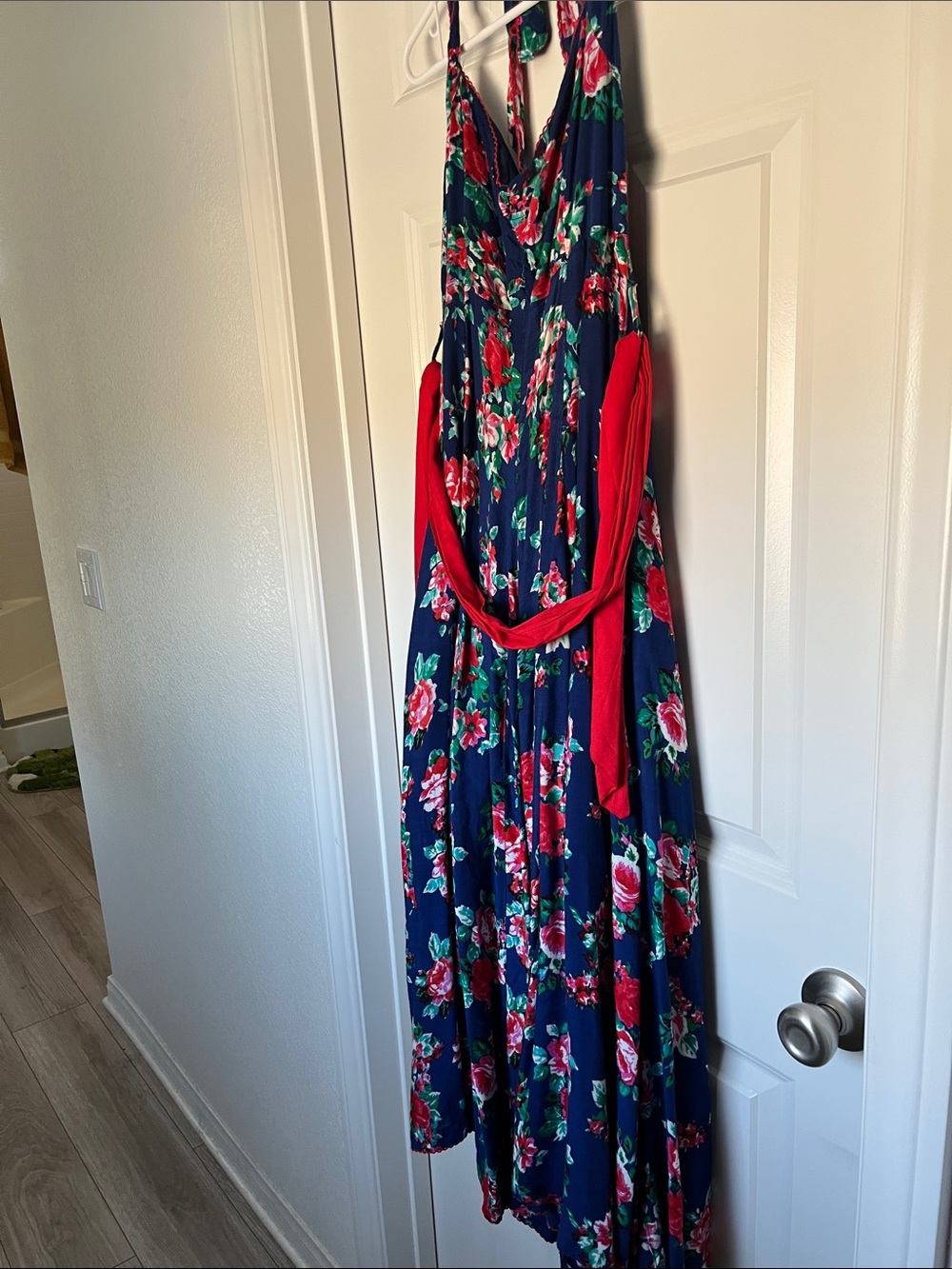 Floral Navy Maxi Dress with Red Accents